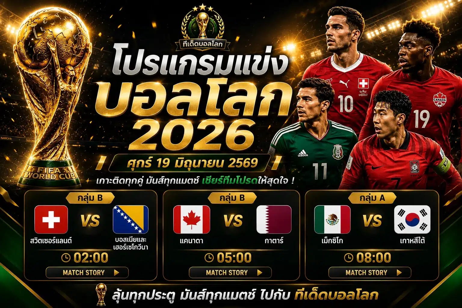 โปรแกรมบอลโลกวันศุกร์ 19 มิถุนายน 2569 เตะ 3 คู่ เวลาไทย