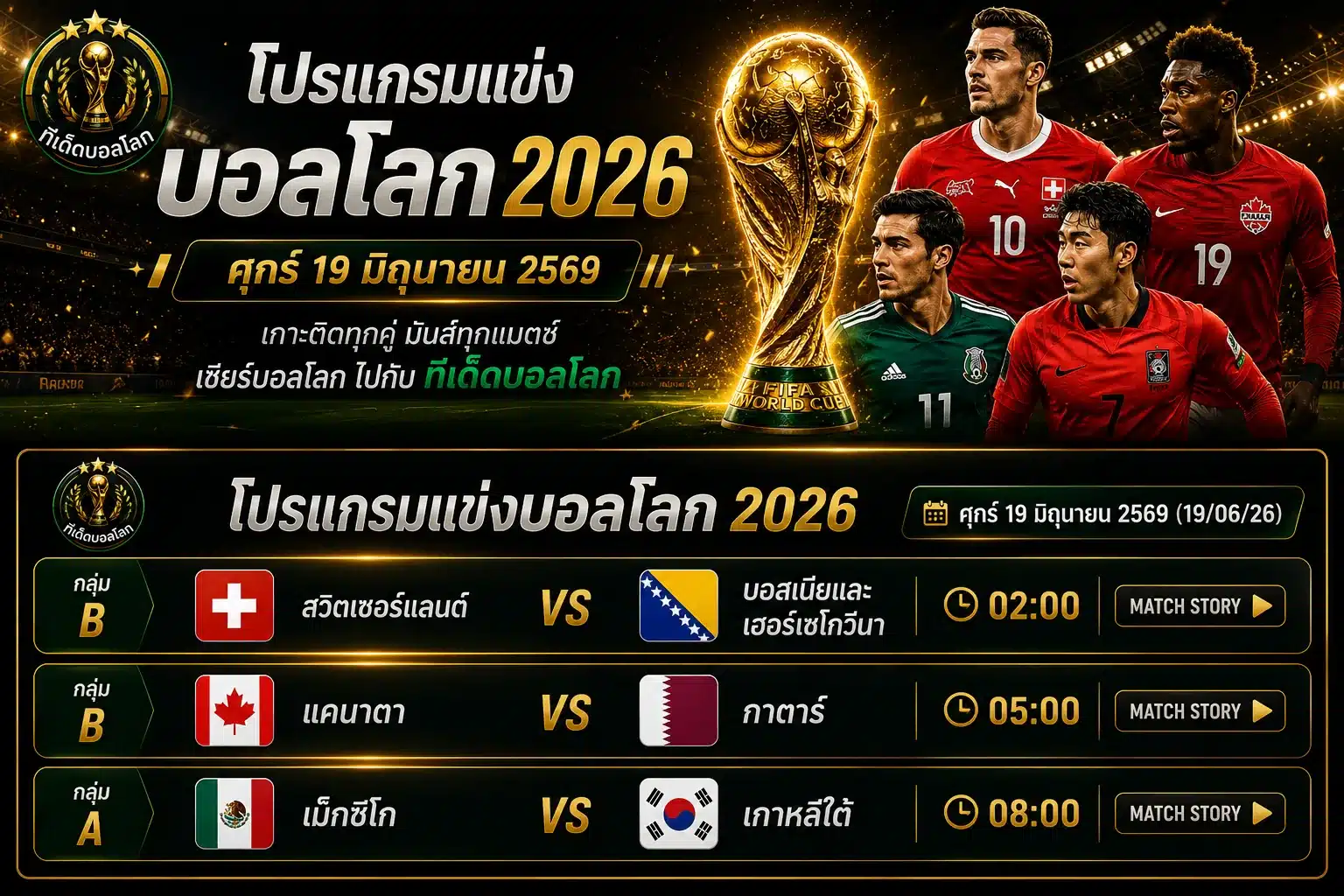 โปรแกรมบอลโลกวันศุกร์ 19 มิถุนายน 2569 เวลาไทย