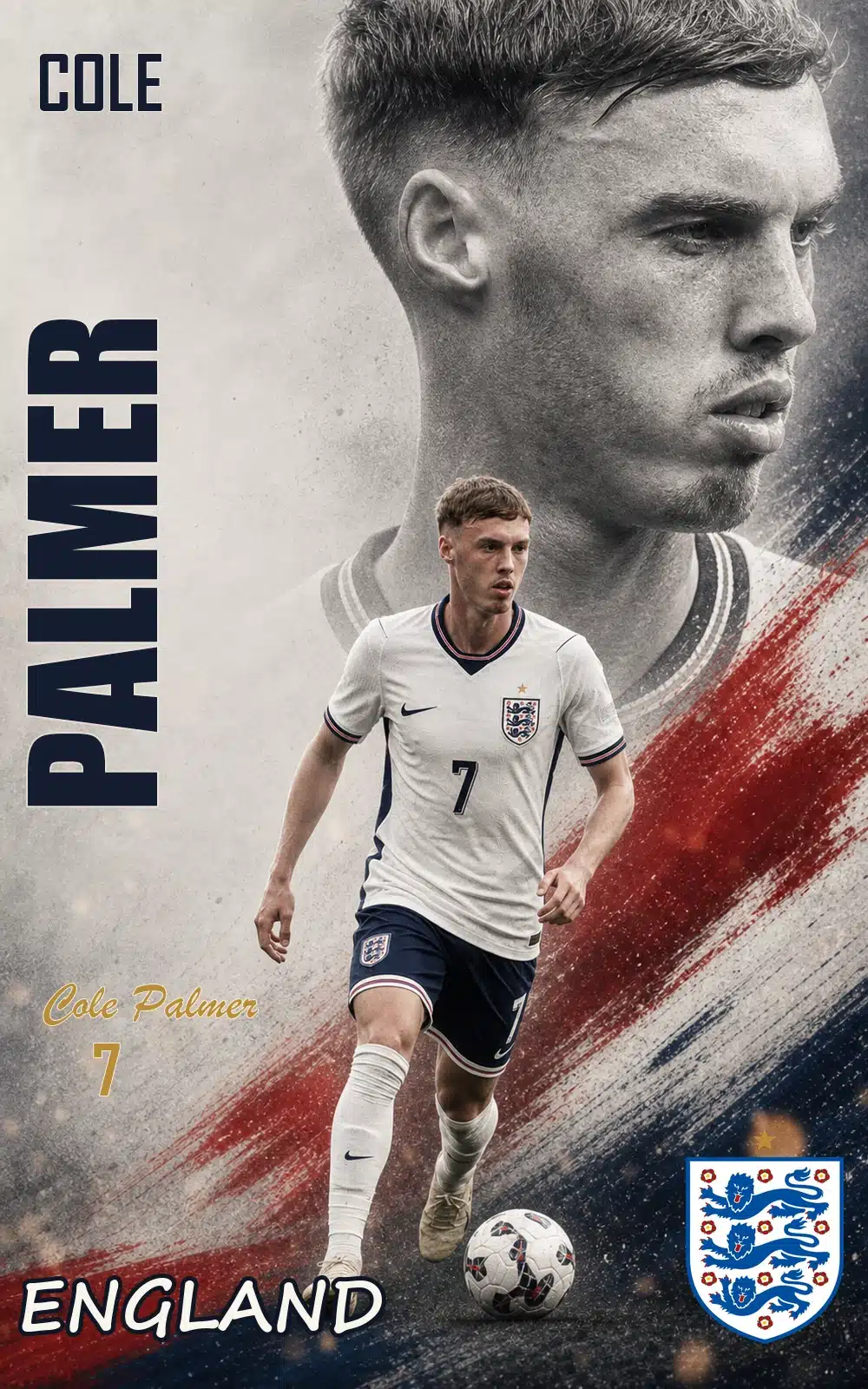 ปกประวัติ Cole Palmer ทีมชาติอังกฤษ ชุดปี 2026 หมายเลข 7 พร้อมตรา Three Lions และ Nike ที่กลืนกับเนื้อผ้า