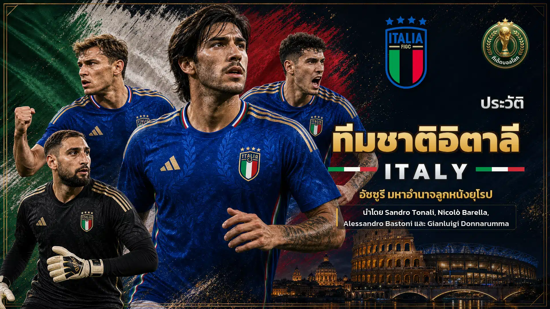 ภาพหน้าปกประวัติทีมชาติอิตาลี นักเตะสี่คนในชุด Azzurra พร้อมตรา FIGC ธงอิตาลี โคลอสเซียม และตัวอักษรสีทอง
